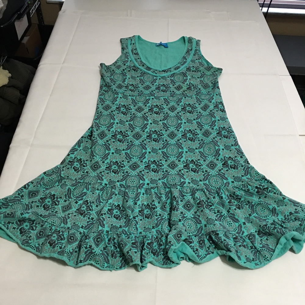 Fresh Produce Sleeveless Ruffle Hem Dress Medium Teal Floral Medallion